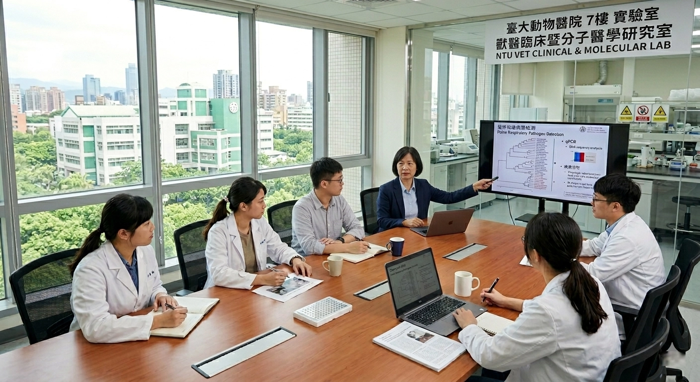 台大獸醫臨床暨分子醫學研究室於實驗室的研究工作會議討論