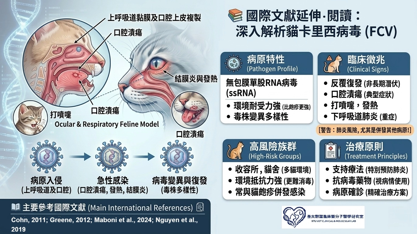 臺大獸醫製作的貓卡里西病毒 (FCV) 資訊圖，標示單股 RNA 病毒特性、口腔潰瘍與關節症狀、反覆感染循環、支持療法建議，並包含研究室標誌與檢測服務導引。